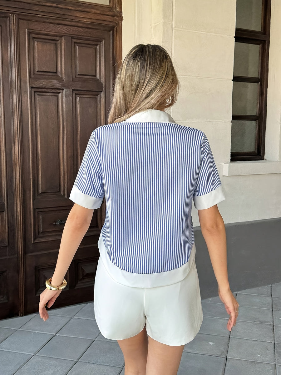 Elegant Special Women'S Chiffon Shirt Striped Shirt - Blue And White