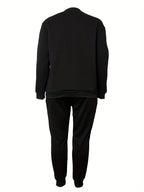 Plus Size - Plus Size - Plus-Size Women'S Fleece Sweatshirt Set with MILANO Letter Print, Featuring a Round Neck, Long Sleeves, Drawstring Pockets, And Casual Long Pants for Streetwear - Black