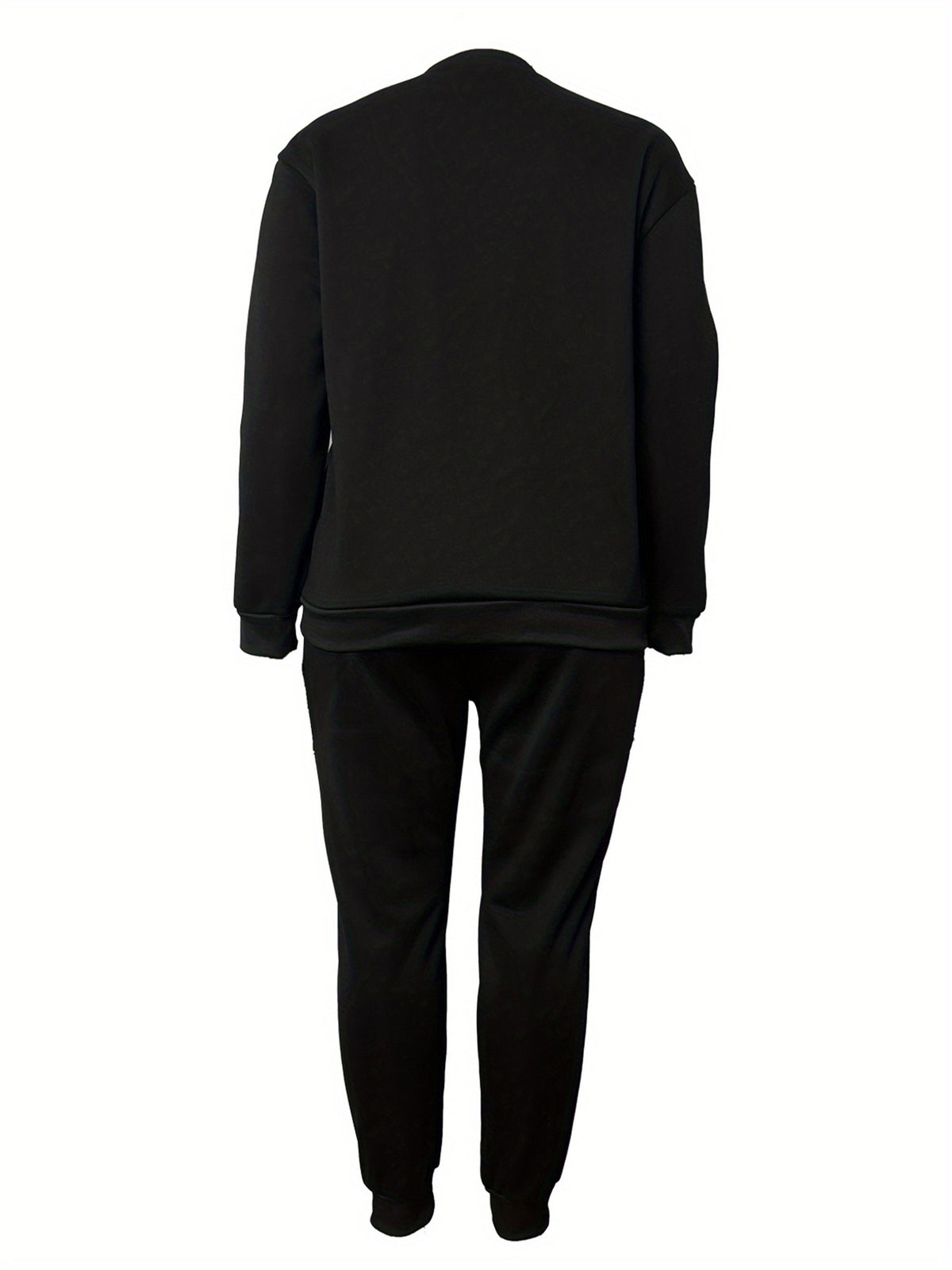 Plus Size - Plus Size - Plus-Size Women'S Fleece Sweatshirt Set with MILANO Letter Print, Featuring a Round Neck, Long Sleeves, Drawstring Pockets, And Casual Long Pants for Streetwear - Black