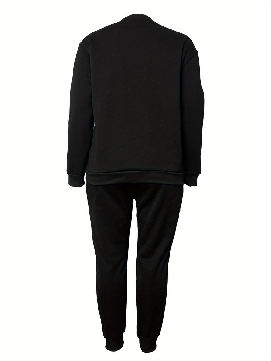 Plus Size - Plus Size - Plus-Size Women'S Fleece Sweatshirt Set with MILANO Letter Print, Featuring a Round Neck, Long Sleeves, Drawstring Pockets, And Casual Long Pants for Streetwear - Black