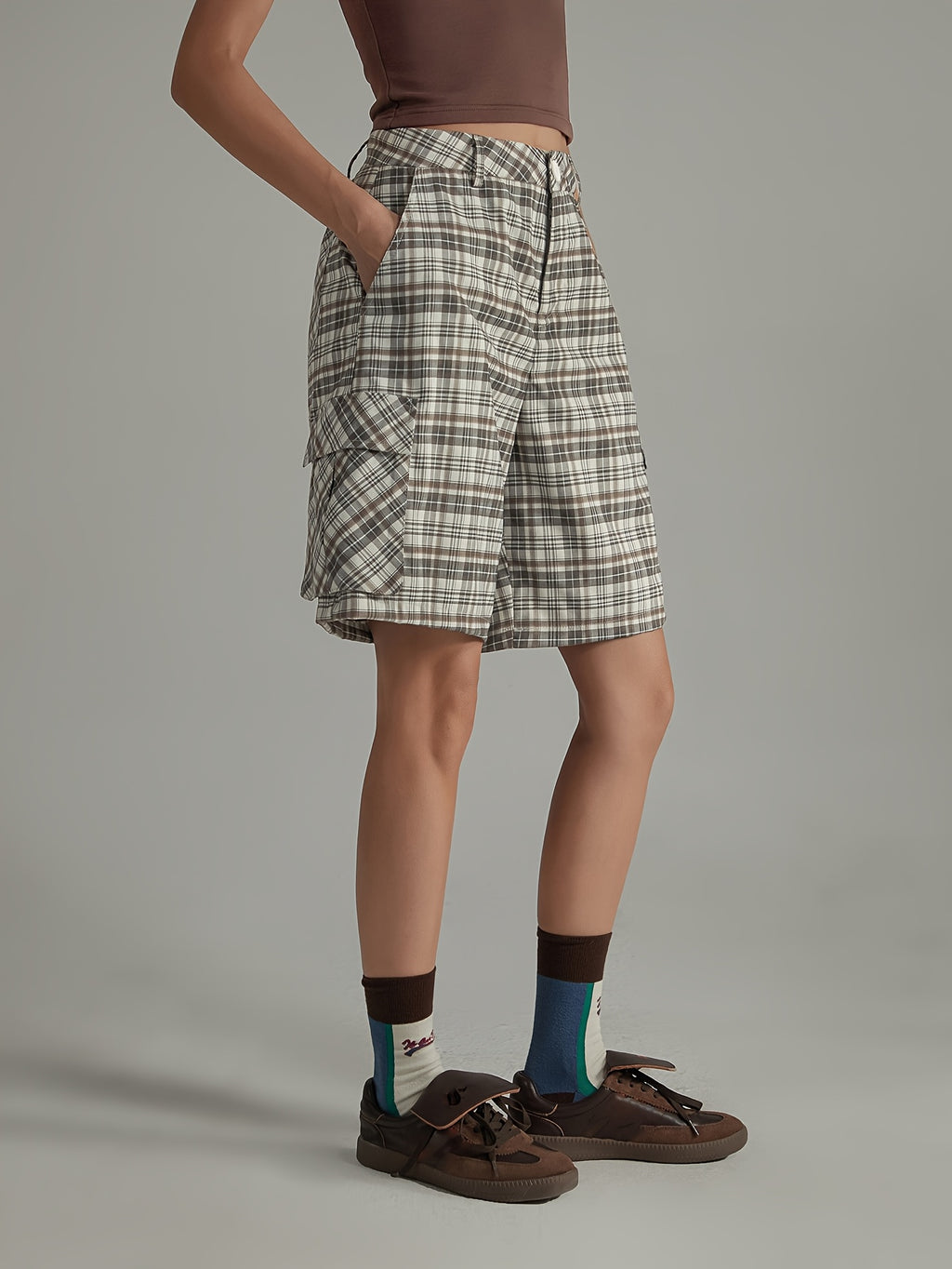 NO ONE ELSE Vintage Plaid Casual Pants for Women, Summer Academic Style Wide-Leg Cargo Shorts - Khaki plaid pattern
