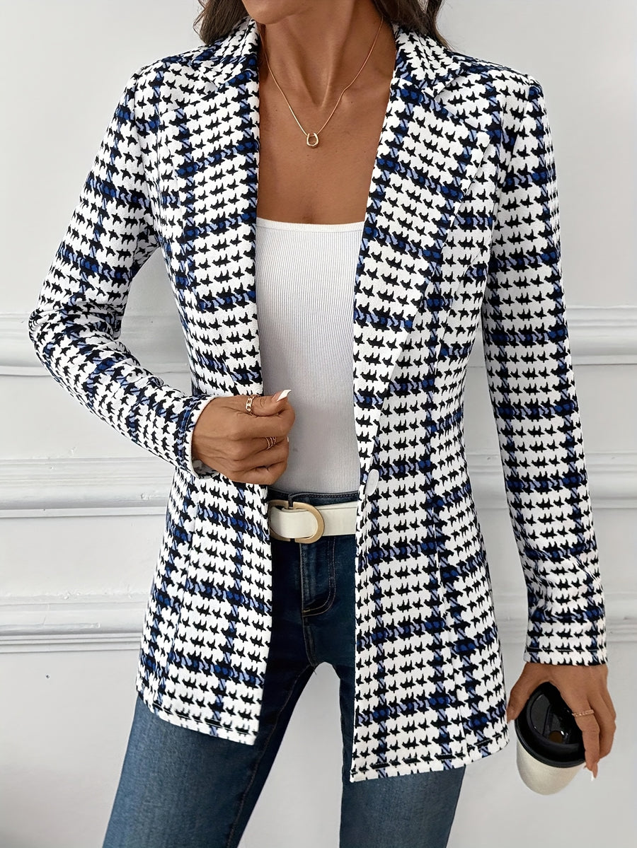 Women's Elegant Plaid Blazer, Versatile Daily Long-Sleeve Blazer, Classic Commuter Checkered Jacket, Autumn Women's Blazer, Women's Suit Jacket, Plaid Blazer, Houndstooth Blazer, Office Blazer, Plaid Autumn Women's Outerwear, Business Casual Wear - Mixed colors