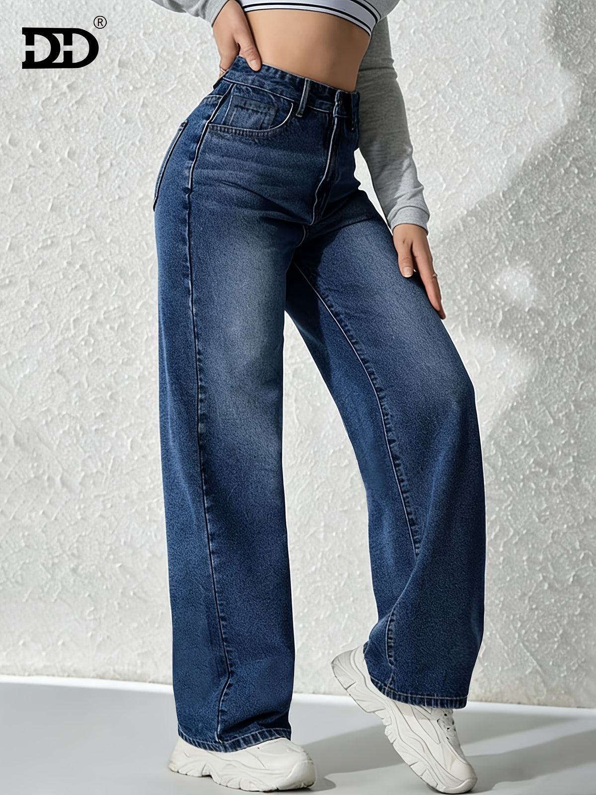 Women's New Stretchy Wide Leg Jeans, Loose Straight Jeans, Washed Vintage Blue Denim Trousers, Mid Waisted Tummy Control Pantalones, Comfortable Mom Pants with Pockets, Elegant Ladies' Outfit, Female Casual Pants Fit for Office, Work and Travel Wear. - Vintage Blue