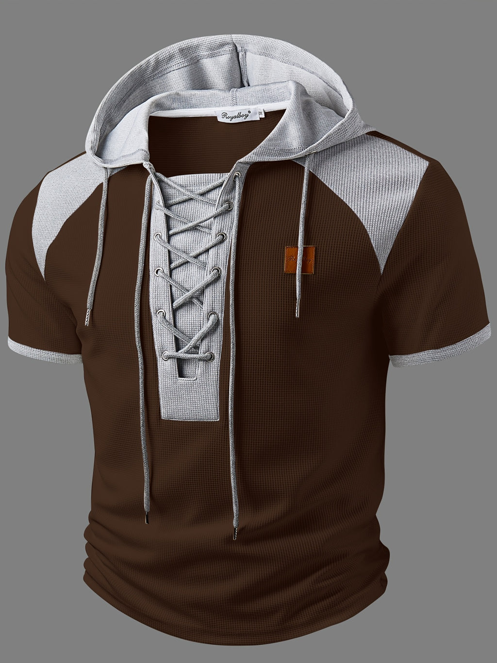ROYALBOY Spring New Arrival: Hooded Short Sleeve with Dual-Color Waffle Knit Patchwork and Eyelet Drawstring Design. Versatile for Daily Wear, Fashionable Casual Style, Suitable for Gatherings and Parties. Machine Washable, Not Dry Cleanable - Coffee Color