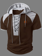 ROYALBOY Spring New Arrival: Hooded Short Sleeve with Dual-Color Waffle Knit Patchwork and Eyelet Drawstring Design. Versatile for Daily Wear, Fashionable Casual Style, Suitable for Gatherings and Parties. Machine Washable, Not Dry Cleanable - Coffee Color