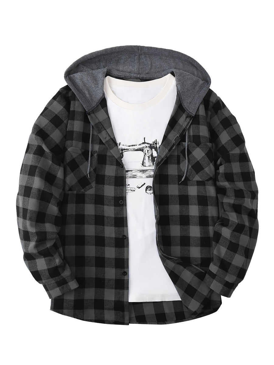 Men's Fashion Hooded Plaid Trendy Shirt Hooded Plaid Sweatshirt, Autumn/Winter Essentials, New Season - Dark Gray