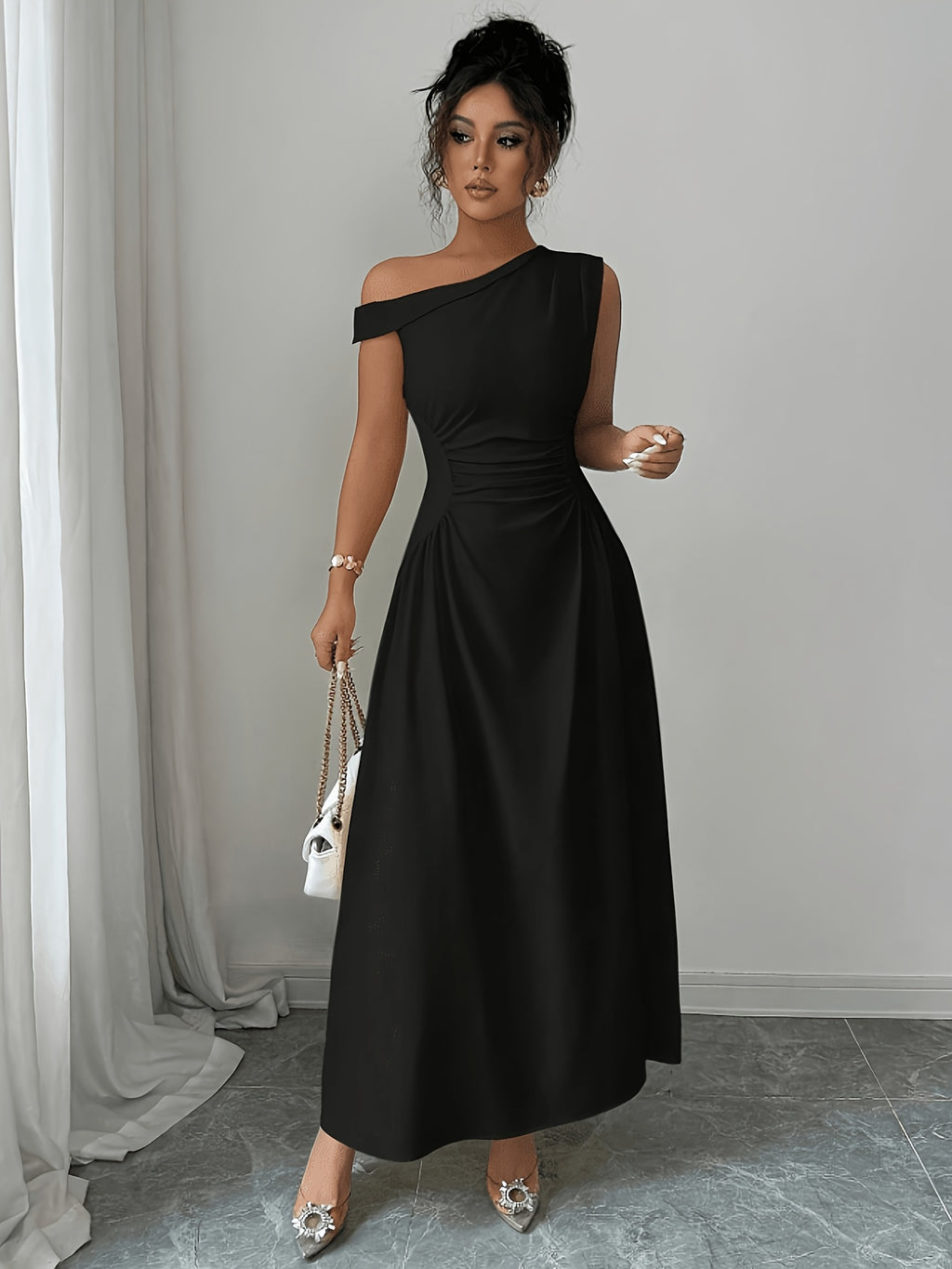 Summer Women's Black Asymmetrical One Shoulder Ruched Waist Maxi Dress, A-Line Flowy Elegant Dress for Wedding Guest, Party & Evening Wear - Black