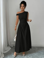 Summer Women's Black Asymmetrical One Shoulder Ruched Waist Maxi Dress, A-Line Flowy Elegant Dress for Wedding Guest, Party & Evening Wear - Black