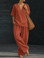 Women's Summer Casual 2pcs Set: Loose V-Neck Top + Wide-Leg Pants - Tangerine