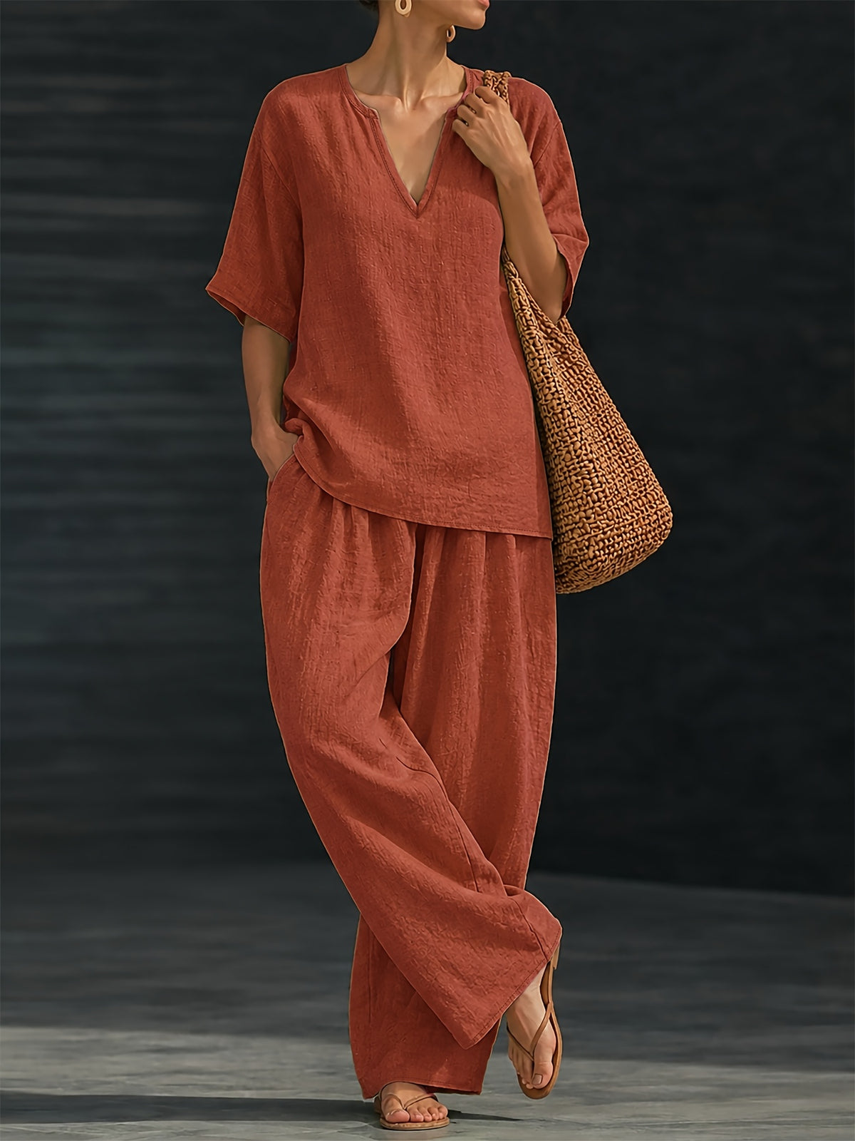 Women's Summer Casual 2pcs Set: Loose V-Neck Top + Wide-Leg Pants - Tangerine