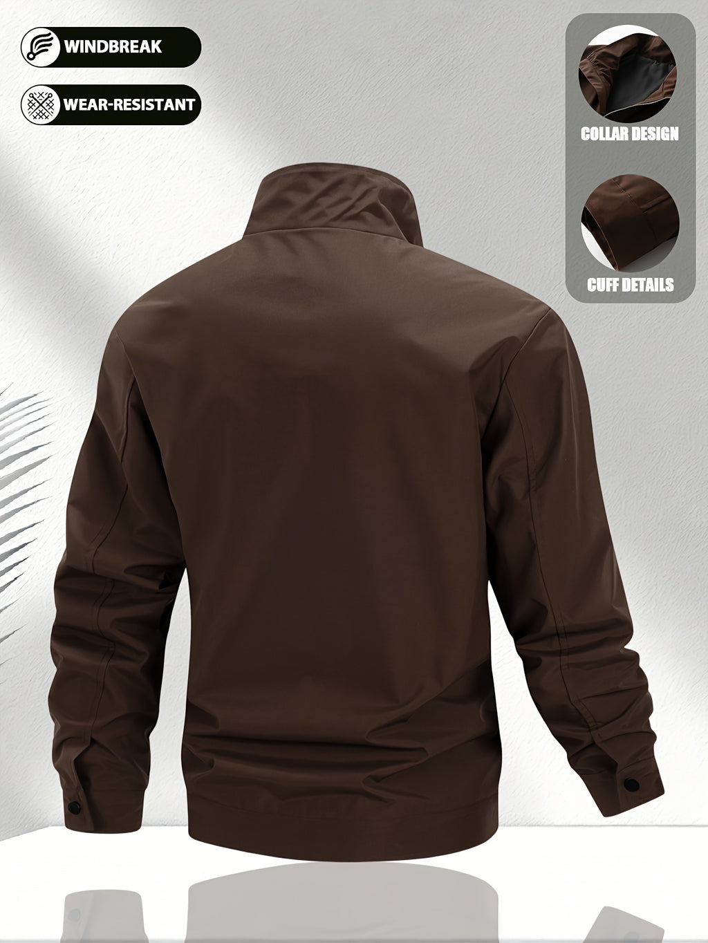 Men'S Solid Color Stand-Collar Jacket, Street Casual Campus Outing Style, Lightweight Windproof Practical Fabric, Minimalist All-Match Cargo Style, Spring/Autumn Standard Fit - 637 - Coffee Color