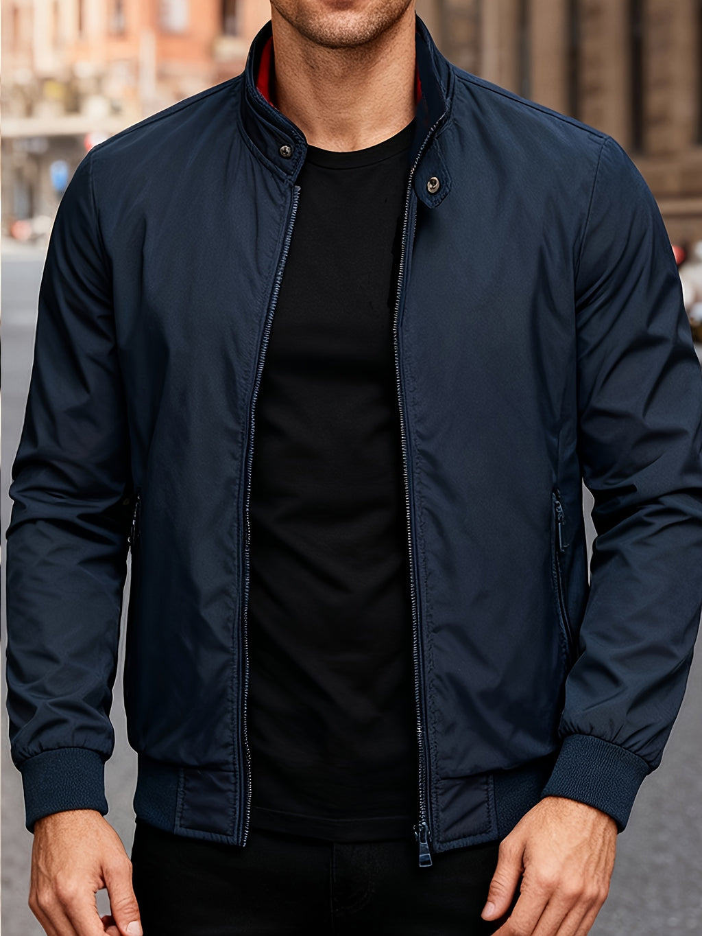 American Vintage Flight Style Stand Collar Casual Jacket - Navy Color