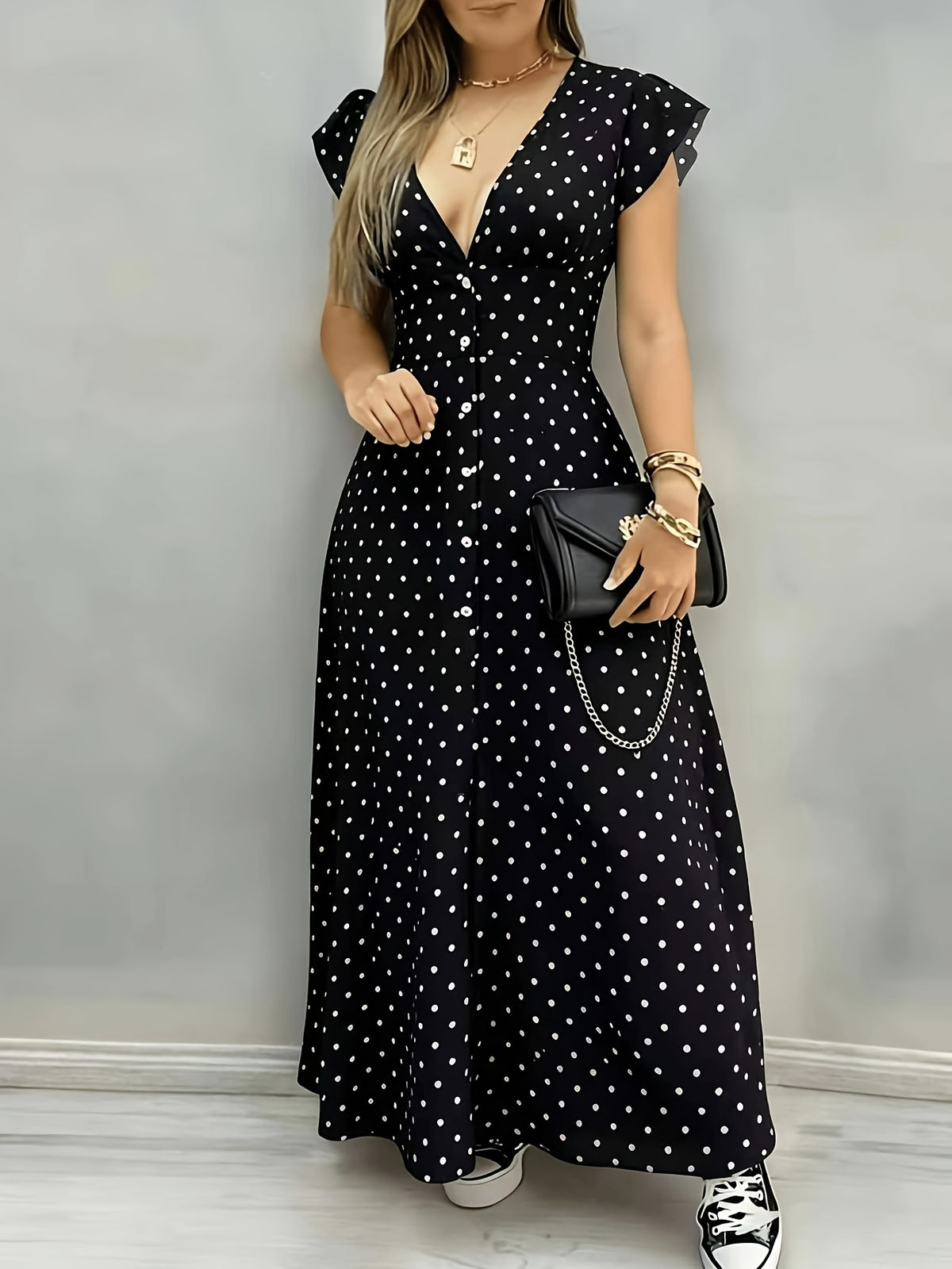 Women's French -Neck Smock Dress - Polka Dot Maxi Dress with Short Sleeves & Split Hem, -Line Smock Dress Suitable for Parties, Vacations, Beachwear, Machine Washable Round Dot Print Dress - Black