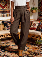 BK260320219 Vintage High-Waist Loose Casual Trousers Women'S Casual Commute Daily Wear, Side-Pocket Solid-Color Long Pants, High-Waist Soft Fabric Casual Trousers - Solid-Color Versatile Loose Pants - Summer Women'S Clothing - Coffee Color