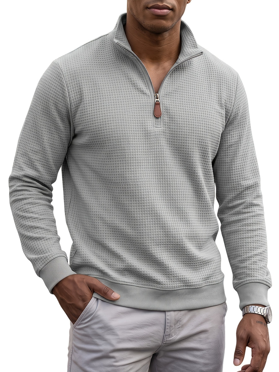 Men's Casual Half-Zip Sweatshirt, Waffle Knit Fabric, Comfortable and Breathable, Versatile for Spring and Autumn, Suitable for Outings and Vacations, an Essential for Daily Wear - Light Grey