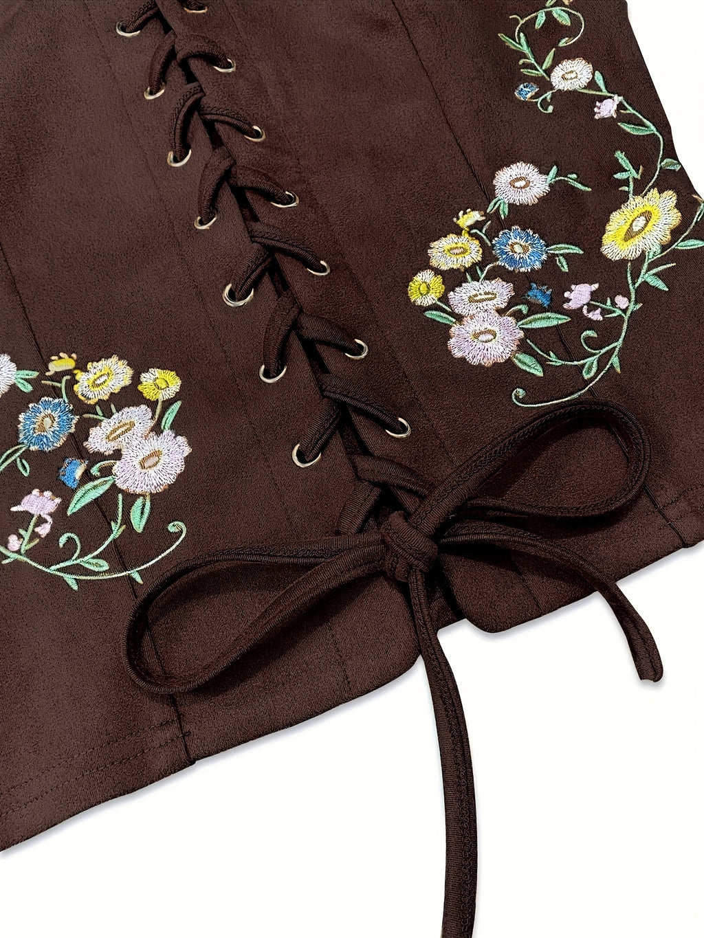 Women's Bohemian Brown & Floral/Leaf//Star/Bird/Bee/Bubblegum/Heart/Starfish/Lace-like Threading Embellished Square Neck Lace-like Top - Short Sleeve Lacing-Front Closure Boho-Chic Blouse for Music Festivals & Parties ( - Coffee Brown