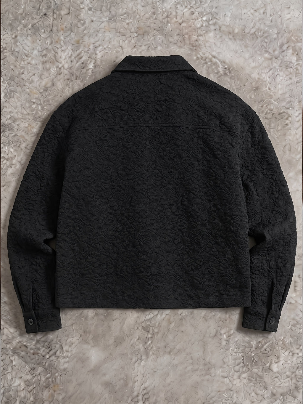Men's Long-Sleeve Shirt with Floral Woven Jacquard Design, Two-Button, Loose Fit, Trendy and Fashionable Commuter Short Men's Casual Shirt - Black