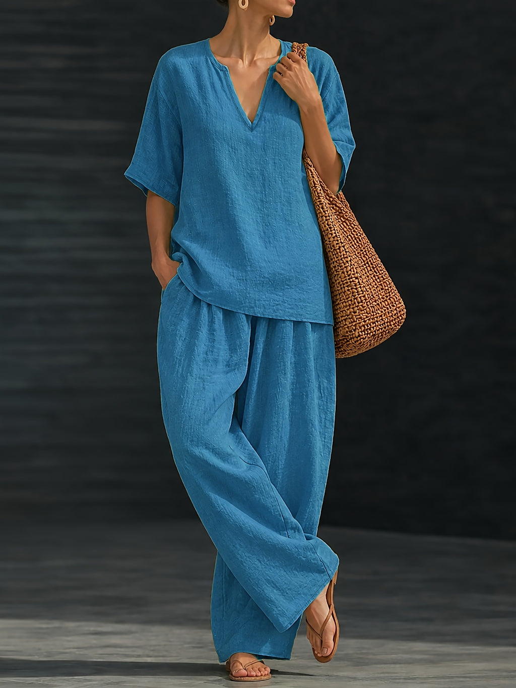 Women's Summer Casual 2pcs Set: Loose V-Neck Top + Wide-Leg Pants - Blue