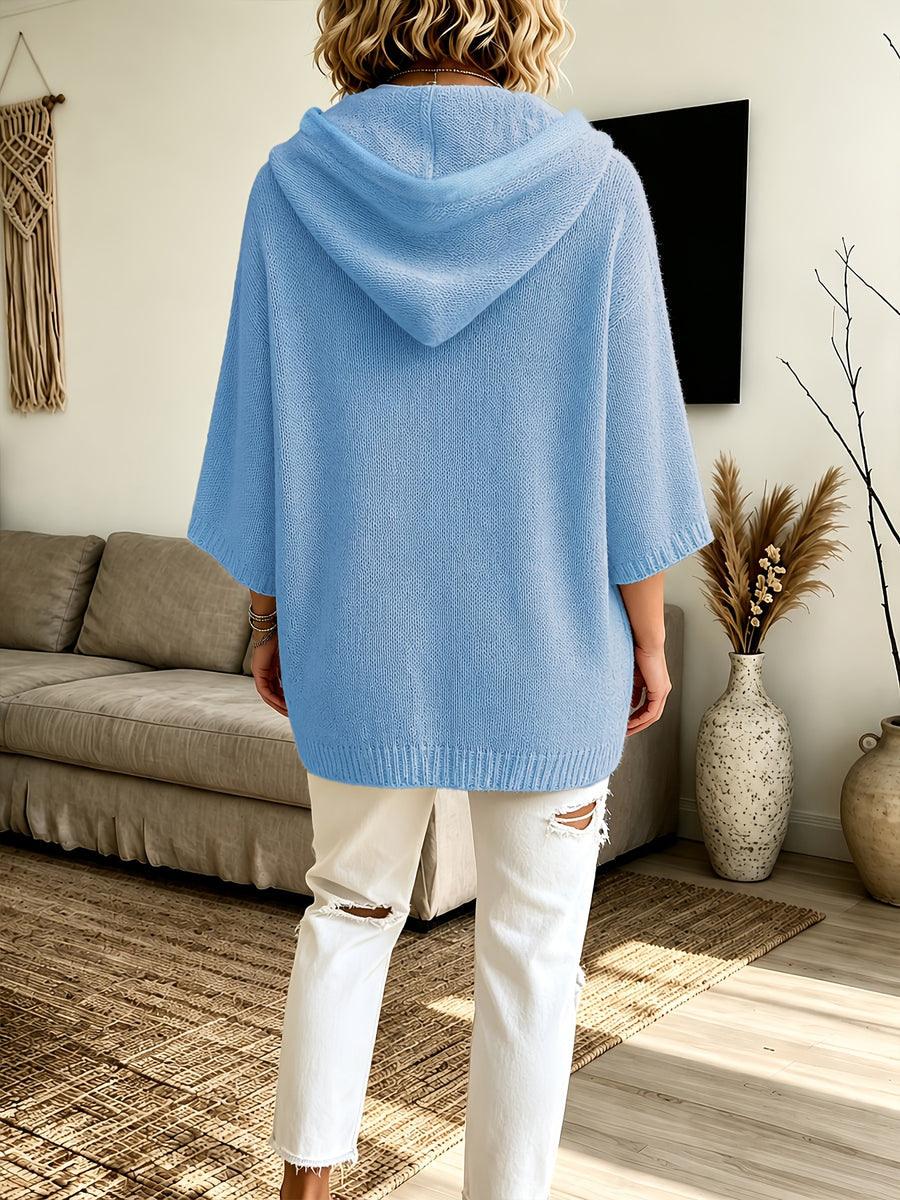 2026 Women'S Fall Winter Solid Color Hooded 3/4 Sleeve Cape Sweater Top with Drawstring And Double Pockets, Casual Easy Fashion Versatile Commute Home Vacation Outfit Pullover Top Women'S Clothing - Fog Blue