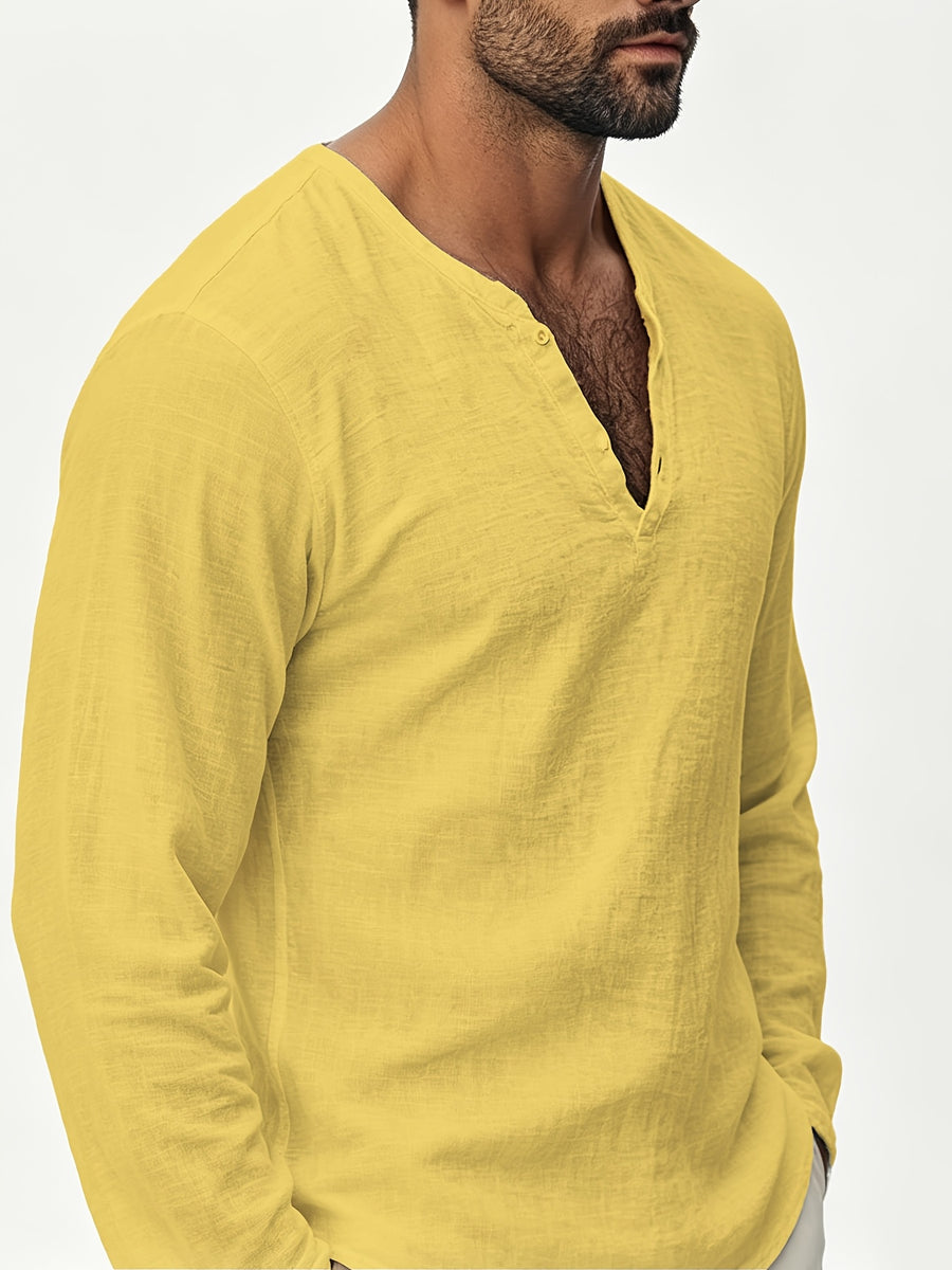 Henley Shirt Men'S Linen Long Sleeve Seasonal Lightweight Breathable V-Neck Loose Beach Vacation Casual Top - Yellow