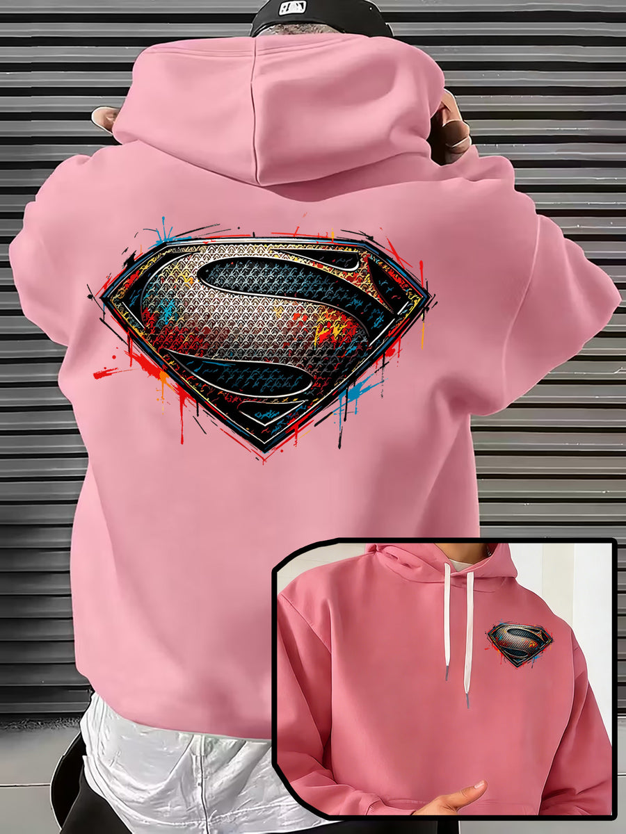 WB Men's & Unisex Superman S Logo Hoodie Sweater - Official Licensed Plush Hooded with Iconic Superman Print, Adjustable Drawstring Hood, Loose Fit for Winter Warmth, Machine Washable Casual Apparel Suitable for Autumn - Pink