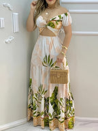 Off-Shoulder Summer Vacation Dress, Casual V-Neck Maxi Dress for Women, Elegant Temperament Printed Slim-Fit Casual Crop Top Dress, Women's Party Club Hollow-Out Long Dress, Gavin - Beige