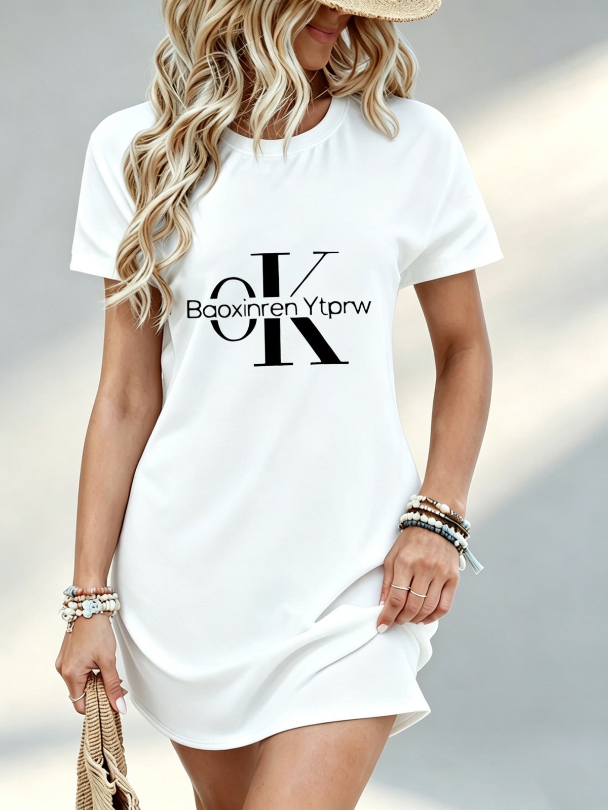 Printed Design Not Textured, Casual Style, Women Dress, Letter Print Theme, Daily Wear Scene, Gift for Girlfriend, 100 Percent Polyester Fiber - White