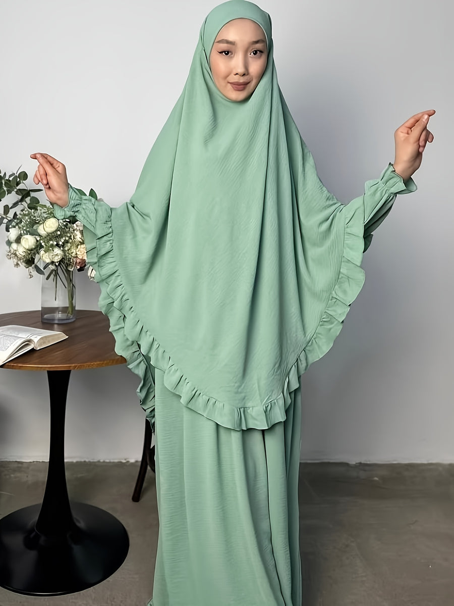 2pcs Set: Middle East Dubai 2pcs Set, Including 1 Solid Color Long Headscarf + 1 Long Robe, Women's Fashion Loose Robe Ramadan Prayer Outfit - Green