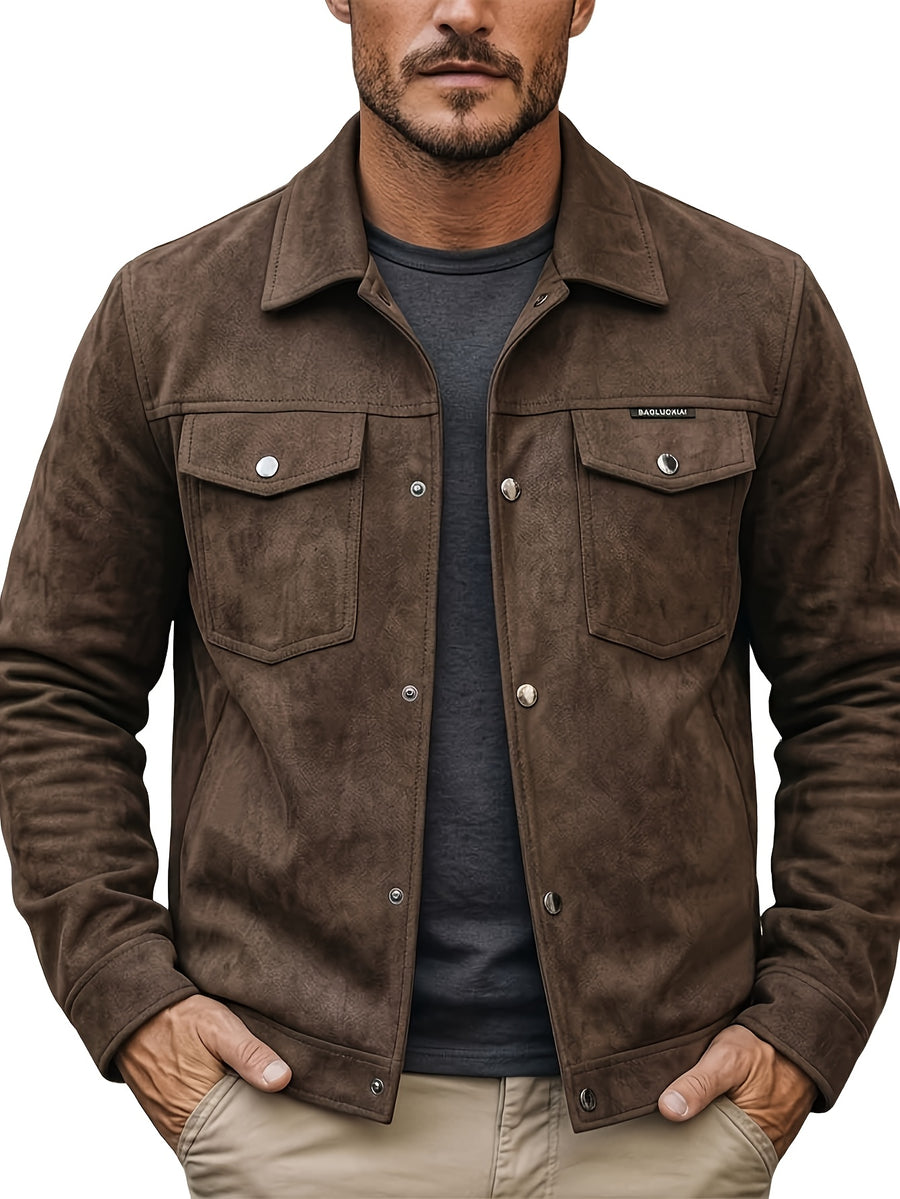 1pc Solid Color Men'S Utility Jacket, Lapel, Metal Button Flap Pockets Outerwear, Retro Casual Top, Suitable for Commuting, Street Outing - Brown