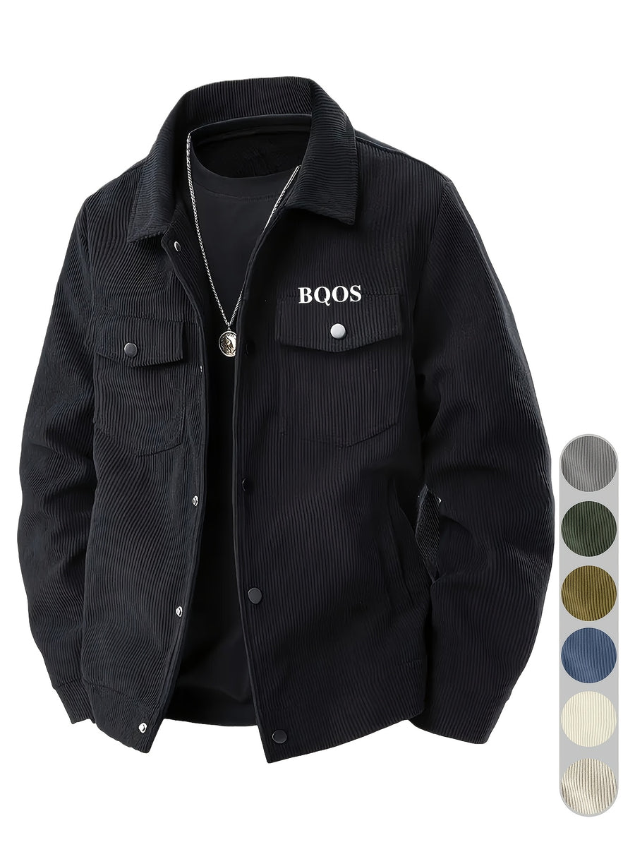 Men's American-style Corduroy Casual Jacket, Simple Casual Style, Lapel Collar, Single-Breasted with Multiple Pockets, Letter Embellishment, Comfortable Draping Fabric, Versatile Men's Apparel for Office Workers' Commuting and Outings in Spring - Black