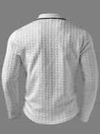 Men's Polo Shirt with a Simple Collegiate Style, Featuring a Three-dimensional Herringbone Texture Fabric, a Lapel Collar, and Long Sleeves. It Has a Three-button Placket, Contrast-color Collar Trim, and a Chest Patch Pocket Design, Making It - White