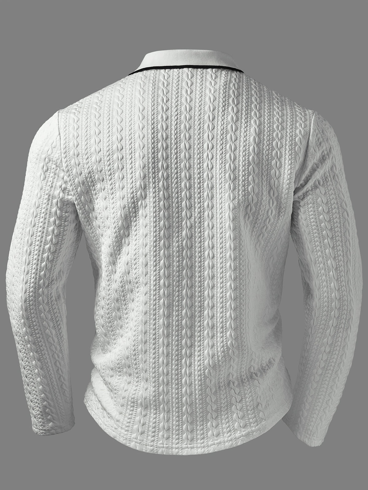 Men's Polo Shirt with a Simple Collegiate Style, Featuring a Three-dimensional Herringbone Texture Fabric, a Lapel Collar, and Long Sleeves. It Has a Three-button Placket, Contrast-color Collar Trim, and a Chest Patch Pocket Design, Making It - White