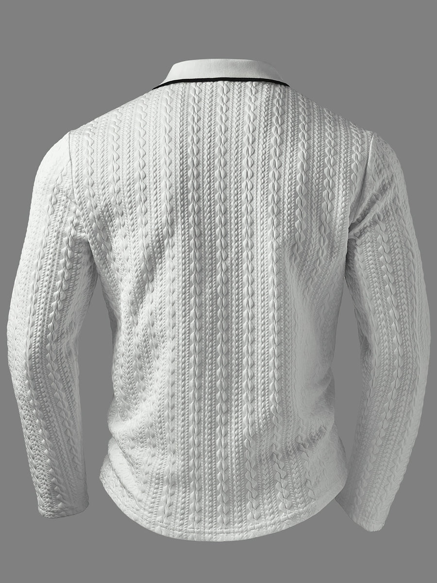 Men's Polo Shirt with a Simple Collegiate Style, Featuring a Three-dimensional Herringbone Texture Fabric, a Lapel Collar, and Long Sleeves. It Has a Three-button Placket, Contrast-color Collar Trim, and a Chest Patch Pocket Design, Making It - White