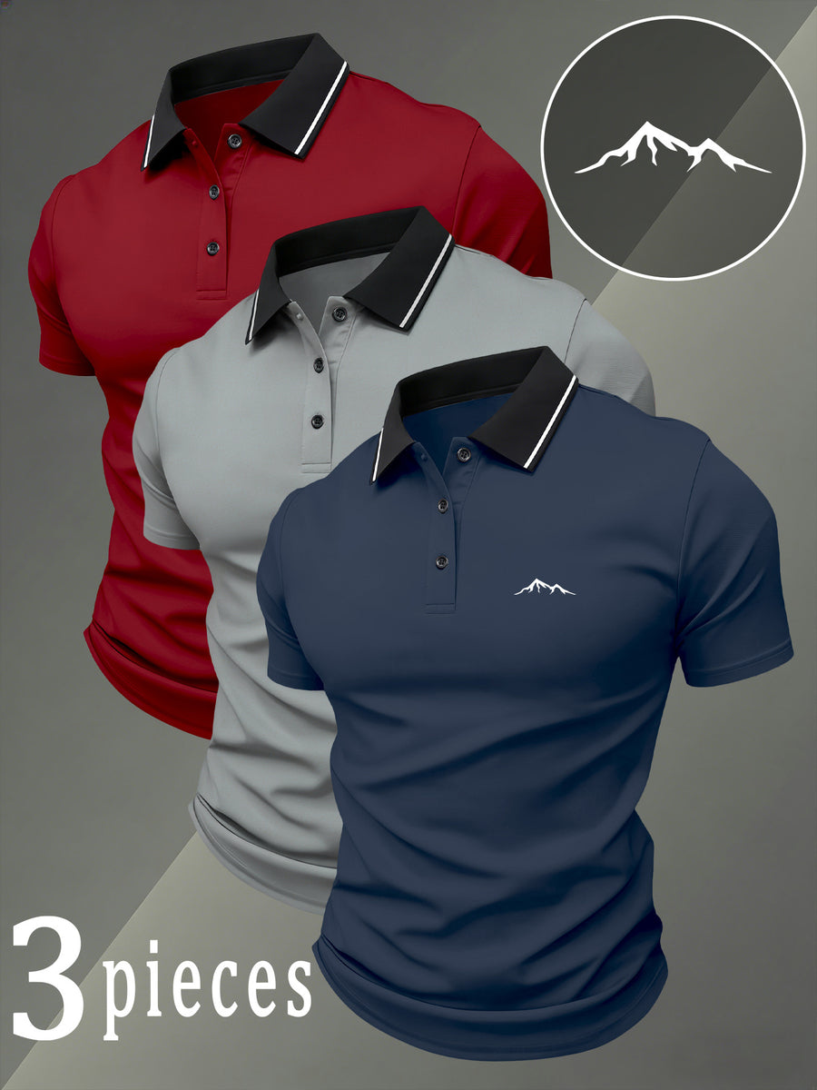 Summer New Men'S Short-Sleeved Polo Shirt 3pcs Set Multi-Color Optional Fashionable Versatile Daily Casual Comfortable And Breathable Fabric Suitable for Outdoor Sports And Business Casual Wear Essential Polo Shirt for Mature Men - Navy Blue + Light Gray + Wine Red