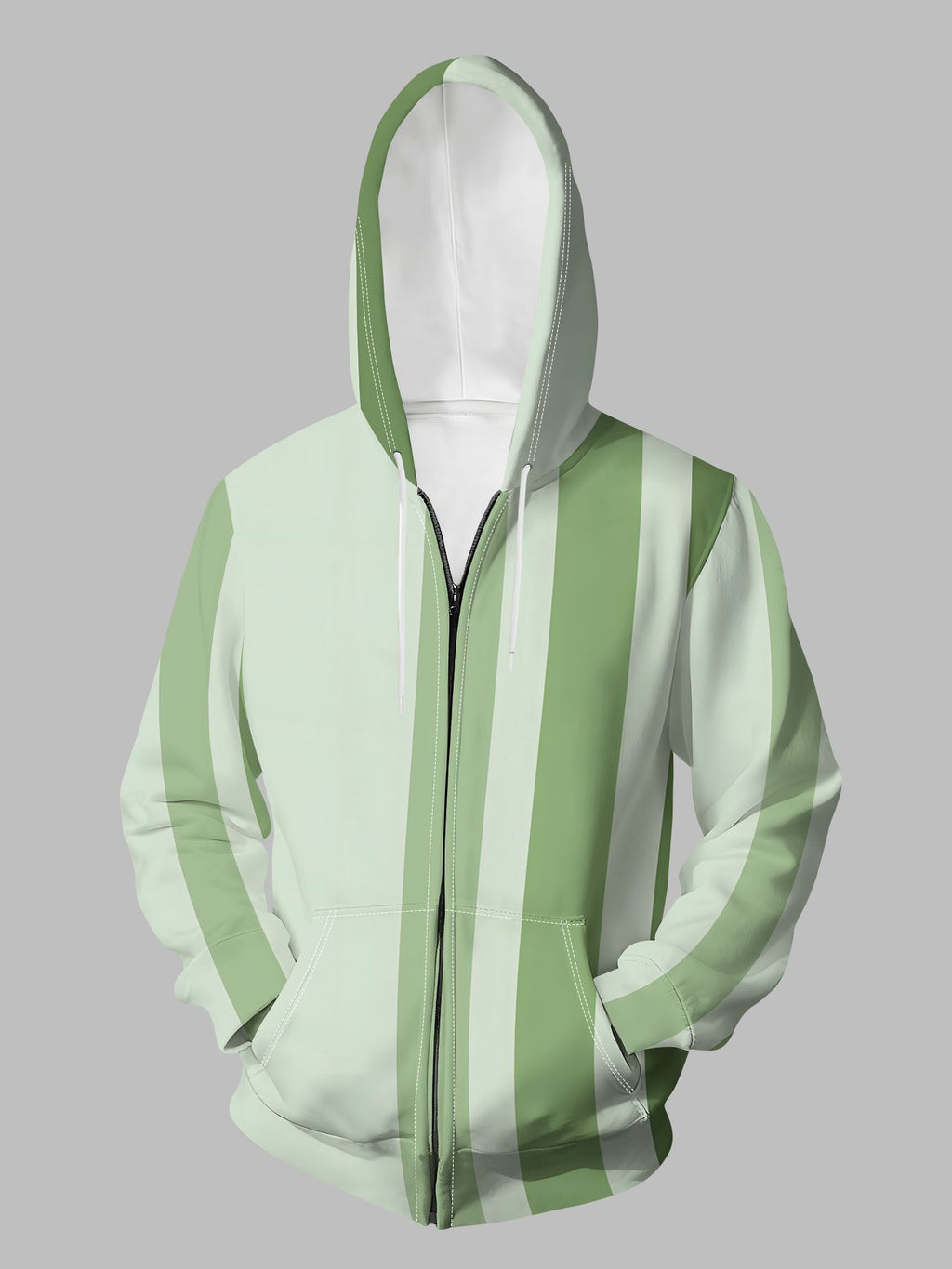 Men'S Autumn Winter Zipper Hooded Sweatshirt Gradient Green Pinstripe Background Print Casual All-Match Top - Mixed colors