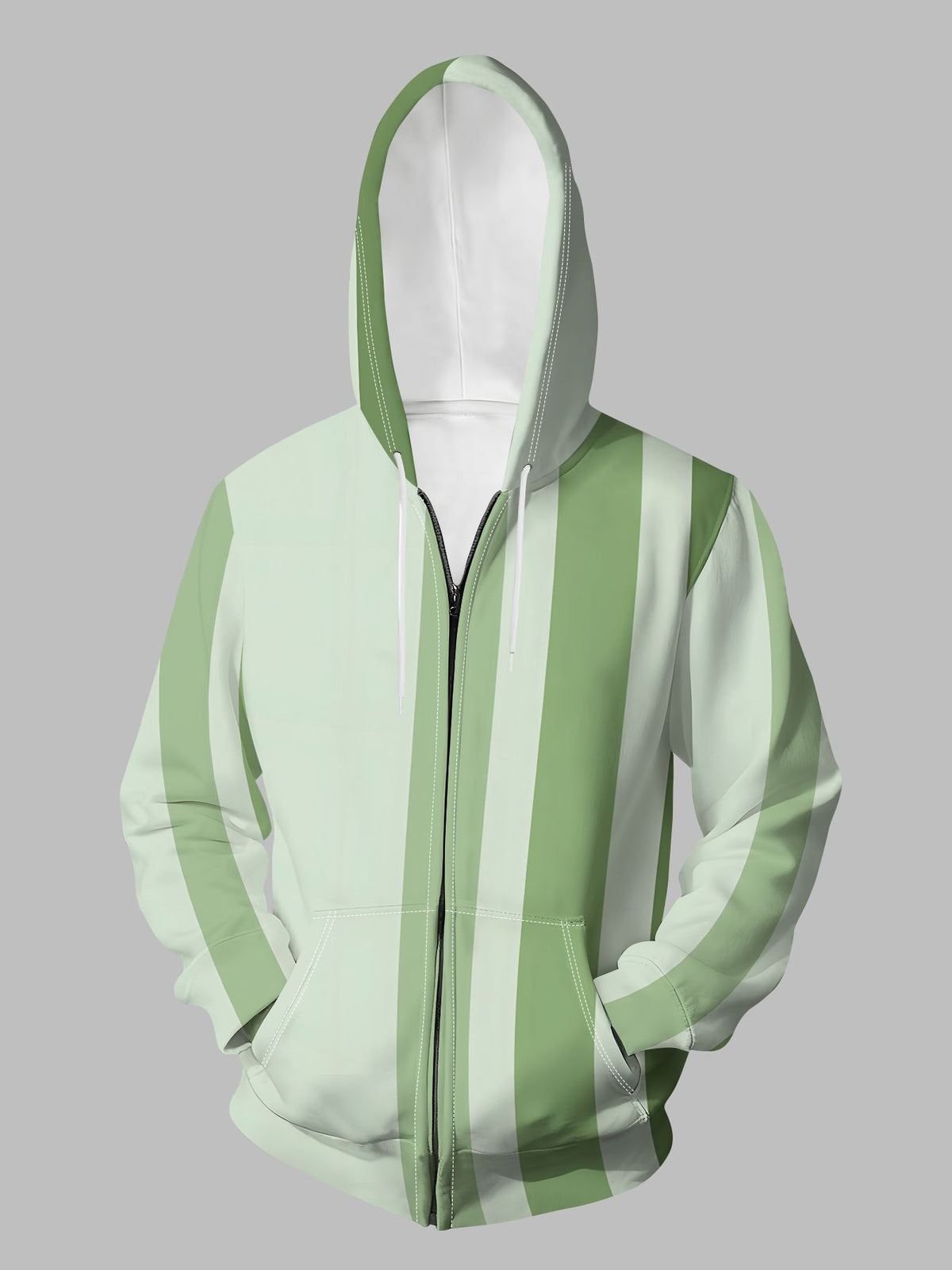 Men'S Autumn Winter Zipper Hooded Sweatshirt Gradient Green Pinstripe Background Print Casual All-Match Top - Mixed colors