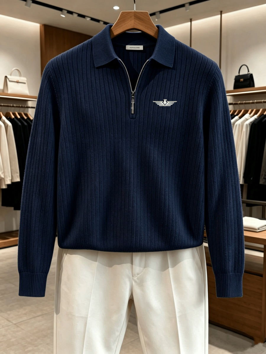 Men's Autumn/Winter Long-Sleeve Lapel Outdoor Casual Sports Printed Polo Shirt - Navy Color