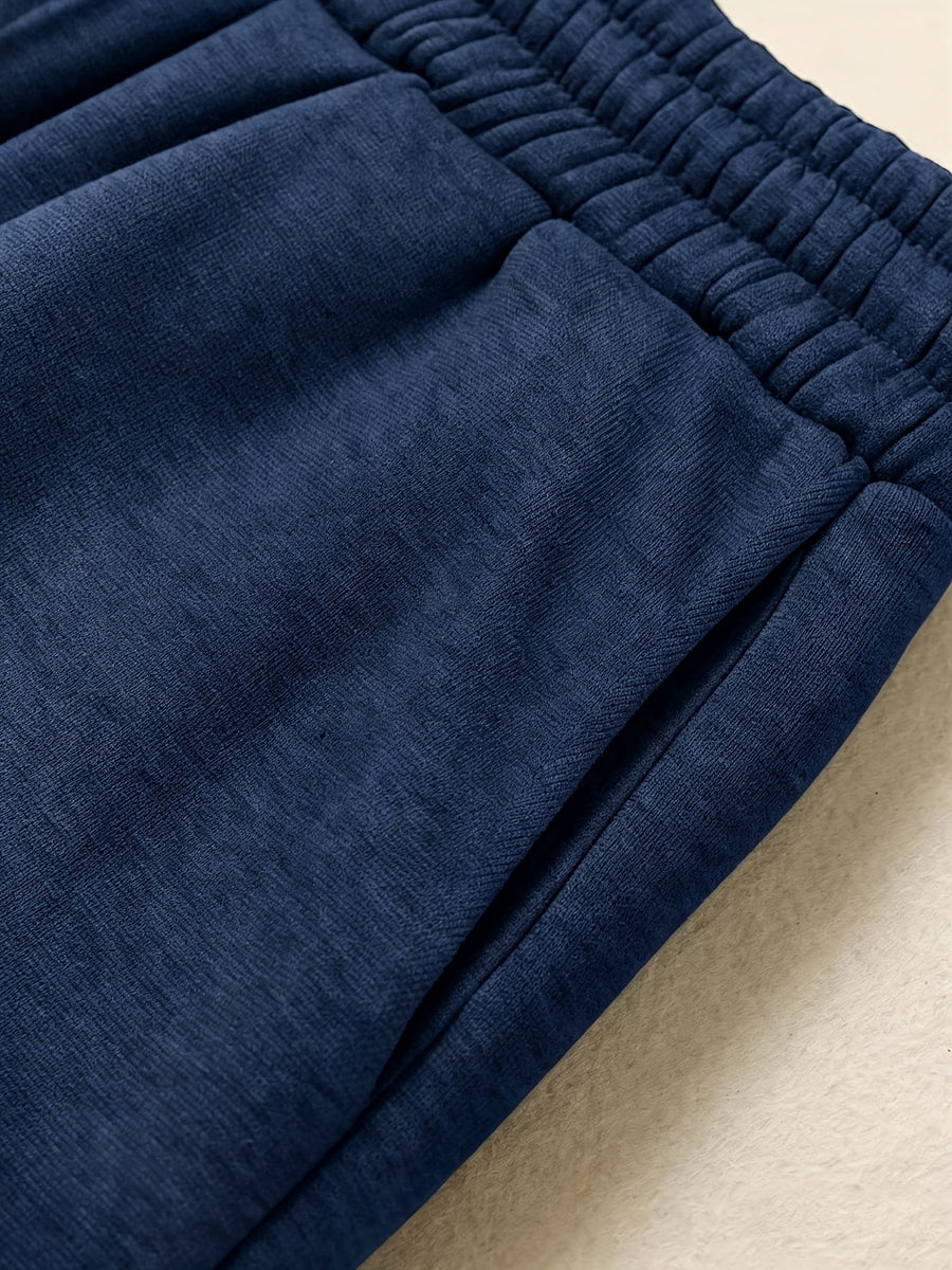 High-Waist Ankle-Cinching Sweatpants, Mountain Peak Print, Vertical Stripes on Both Sides of Legs, Elastic Cuffs Suitable for And Commuting - Navy Color