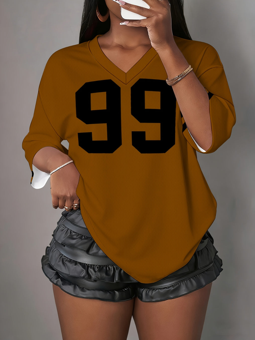 European And American Fashion Women'S V-Neck Mesh Fabric Casual Short-Sleeve T-Shirt, Retro Jersey Style Women'S Leisure - Light Brown-1