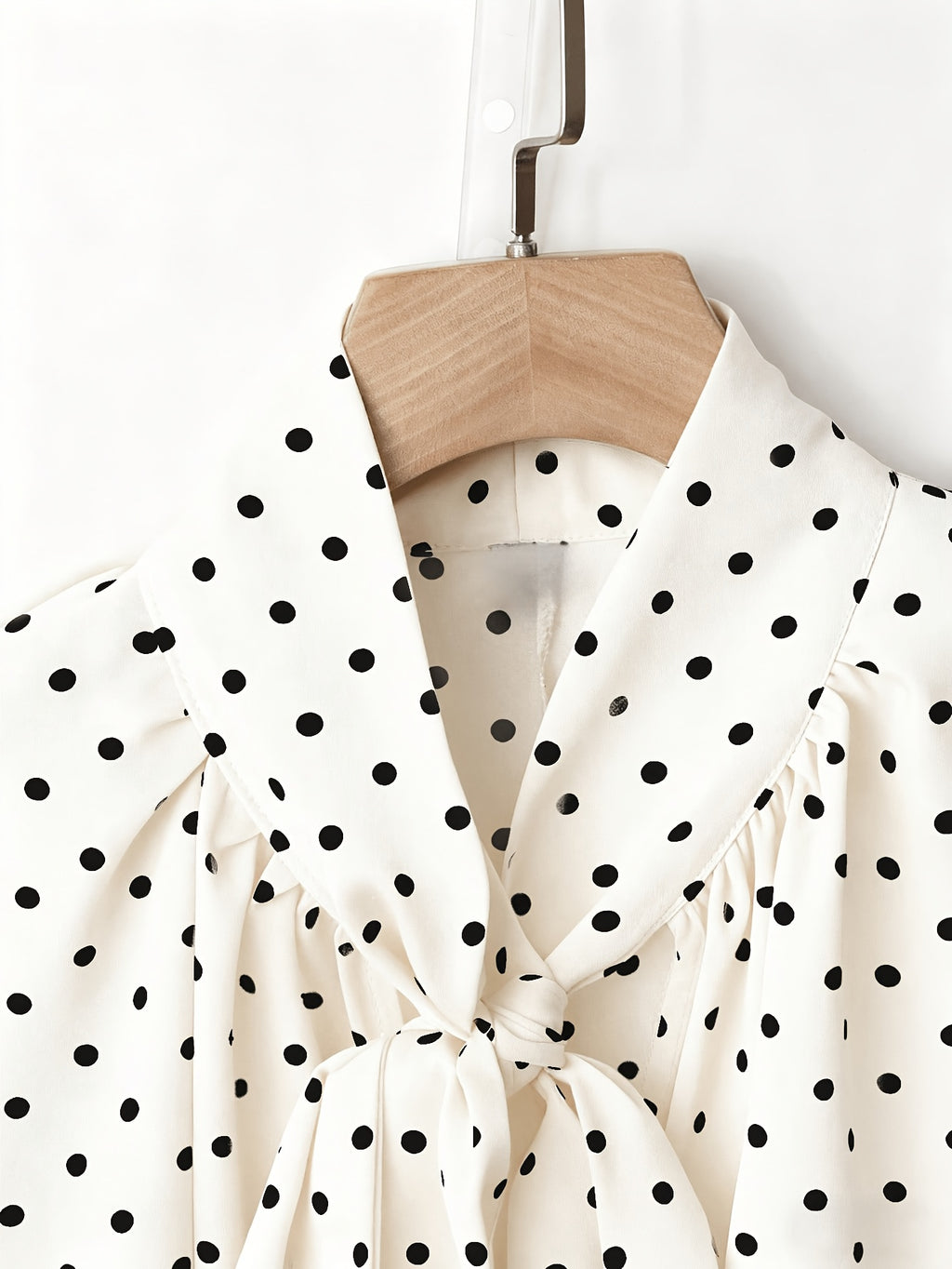 Women'S Elegant Tie-Front Long Sleeve Polka Dot Printed Statement Shirt, Suitable for Daily And Commute Wear - White