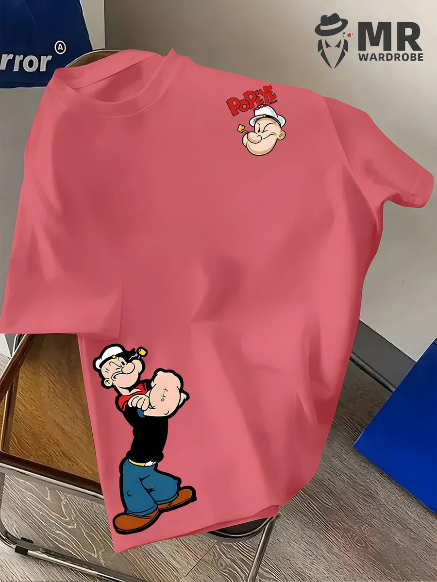 Men's Popeye the Sailorman Retro Graphic Short Sleeve T-Shirt - Vintage Cartoon Print, Breathable Knit Fabric, Regular Fit Round Neck Casual Summer Tee for Casual Attire, Machine Washable Top, Soft Texture Shirt - Peach