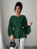 Round Neck Long Sleeve Loose Waist Tie Elegant Noble Versatile Top Trend - Dark Green