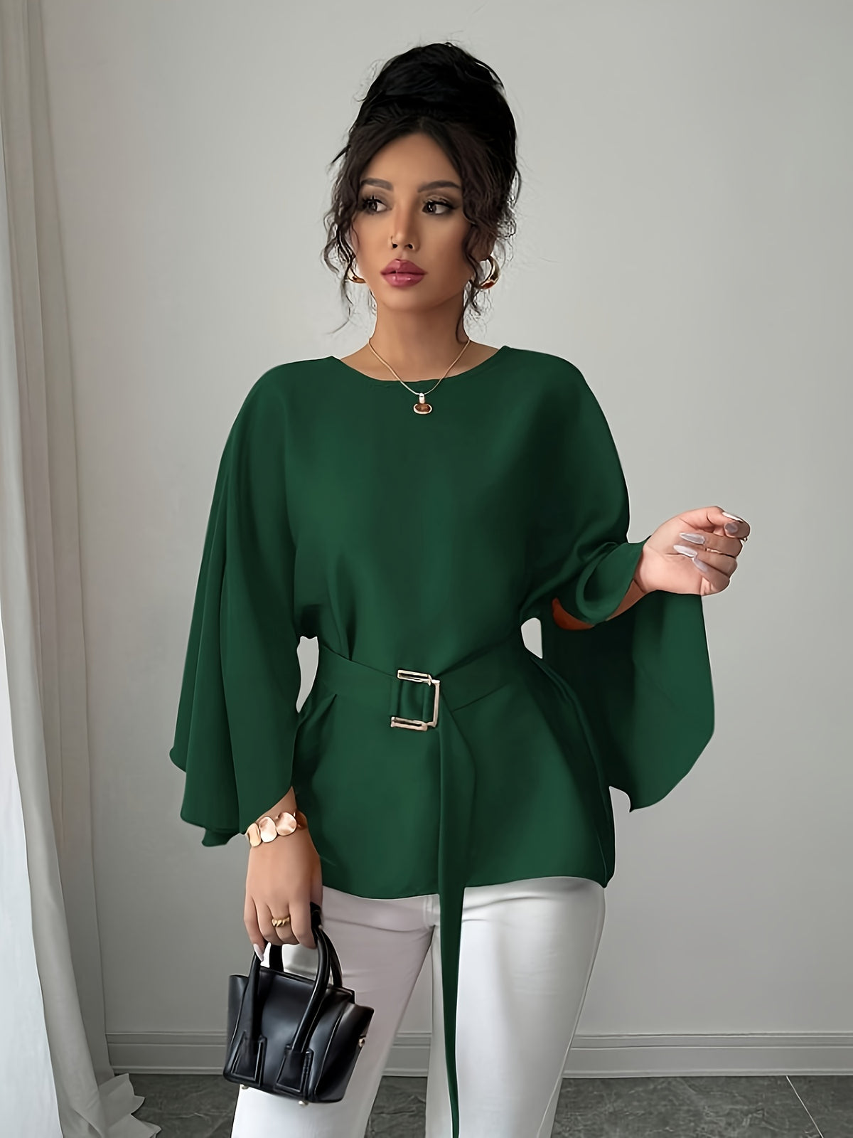 Round Neck Long Sleeve Loose Waist Tie Elegant Noble Versatile Top Trend - Dark Green