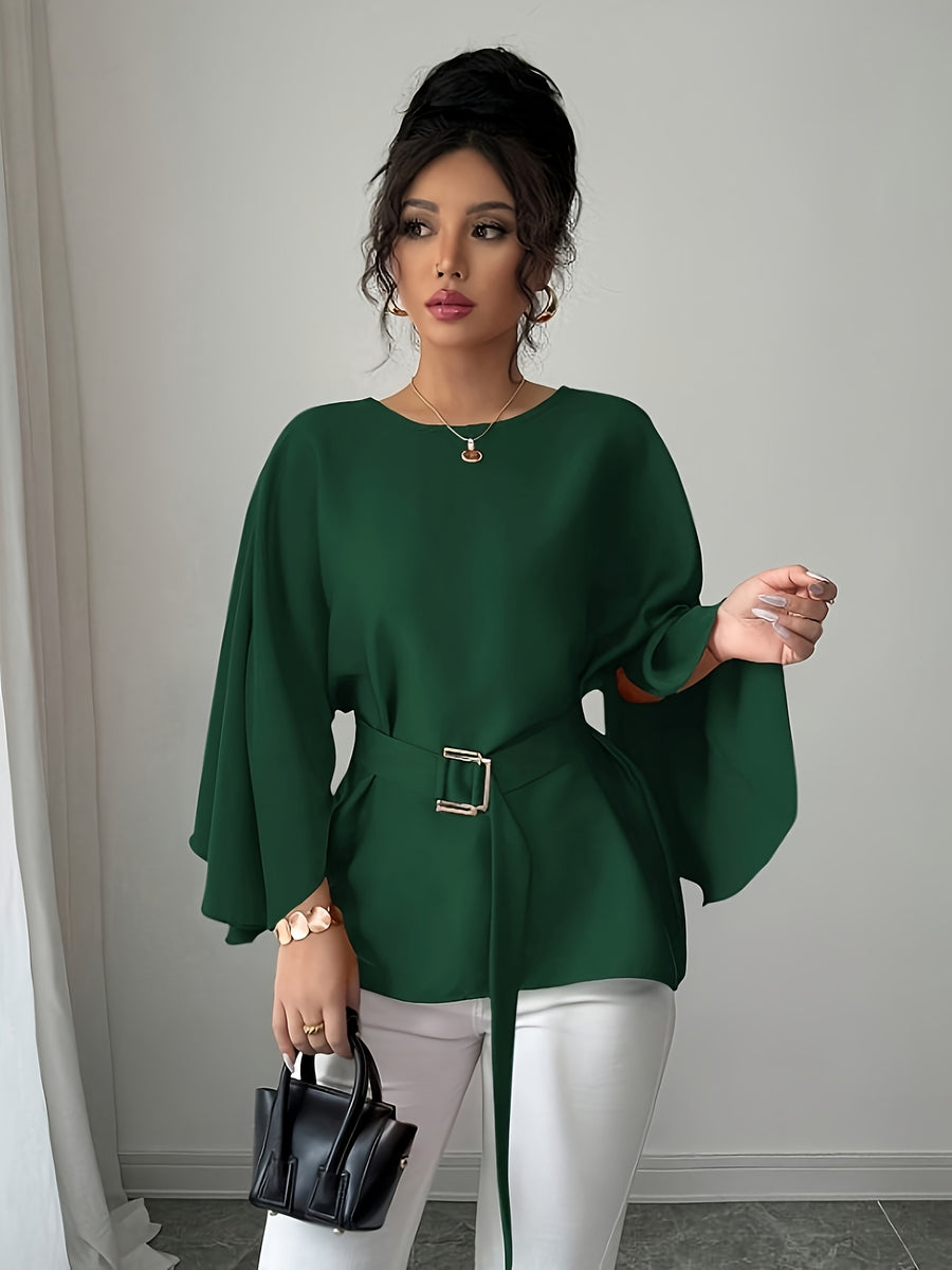 Round Neck Long Sleeve Loose Waist Tie Elegant Noble Versatile Top Trend - Dark Green