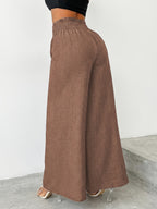 【imitation denim】[Printed Pants - Not Faux Denim Fabric]Women'S Elegant And Fashionable Faux Denim Waist Metal Buckle Elastic Waist Wide-Leg Pants, Solid Color Casual Comfortable Commuting Street Vacation Slightly Loose Straight-Leg Pants - Amber