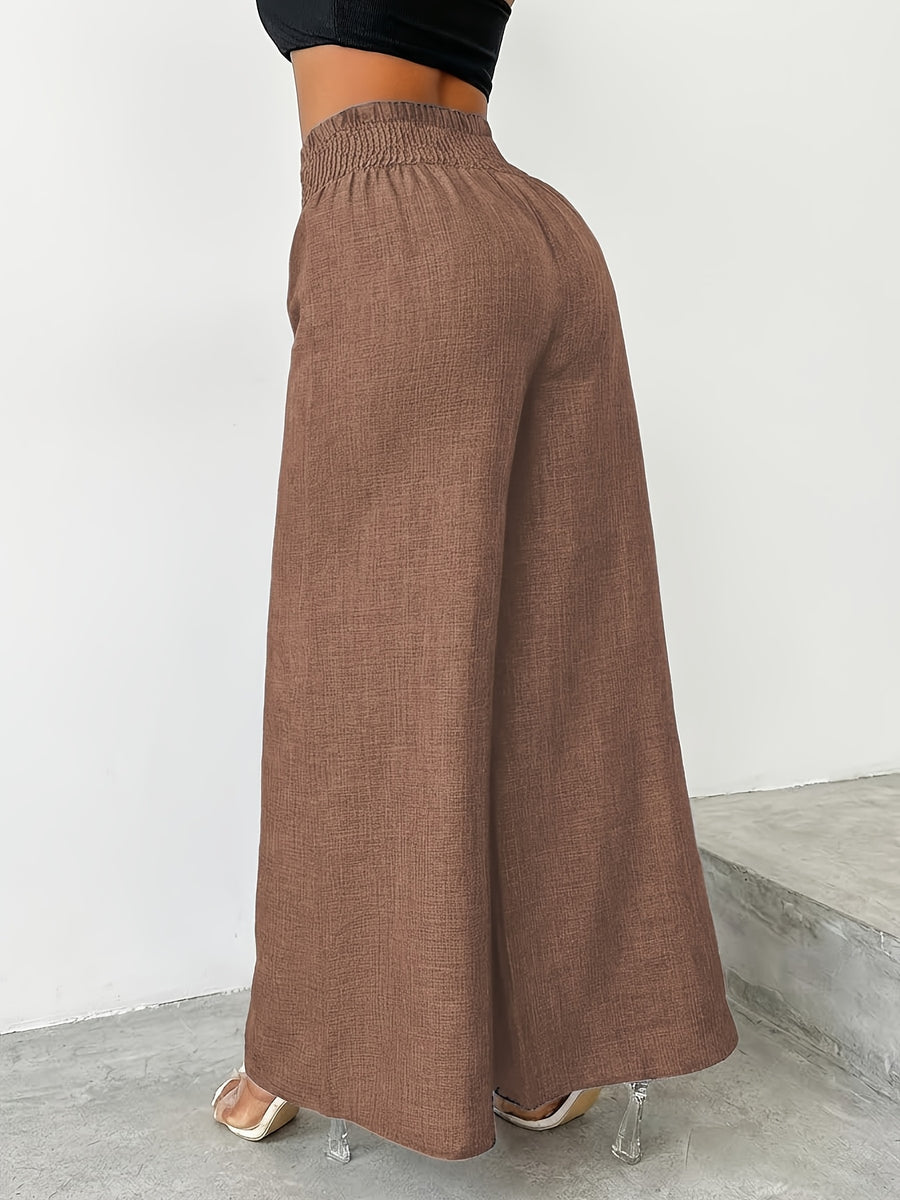 【imitation denim】[Printed Pants - Not Faux Denim Fabric]Women'S Elegant And Fashionable Faux Denim Waist Metal Buckle Elastic Waist Wide-Leg Pants, Solid Color Casual Comfortable Commuting Street Vacation Slightly Loose Straight-Leg Pants - Amber