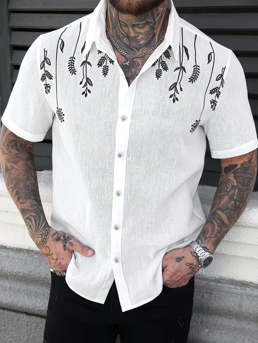 New Summer Men's Short-Sleeve Shirt, Comfortable, Casual, and Versatile Floral Print Shirt, Men's Top - White