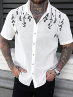 New Summer Men's Short-Sleeve Shirt, Comfortable, Casual, and Versatile Floral Print Shirt, Men's Top - White