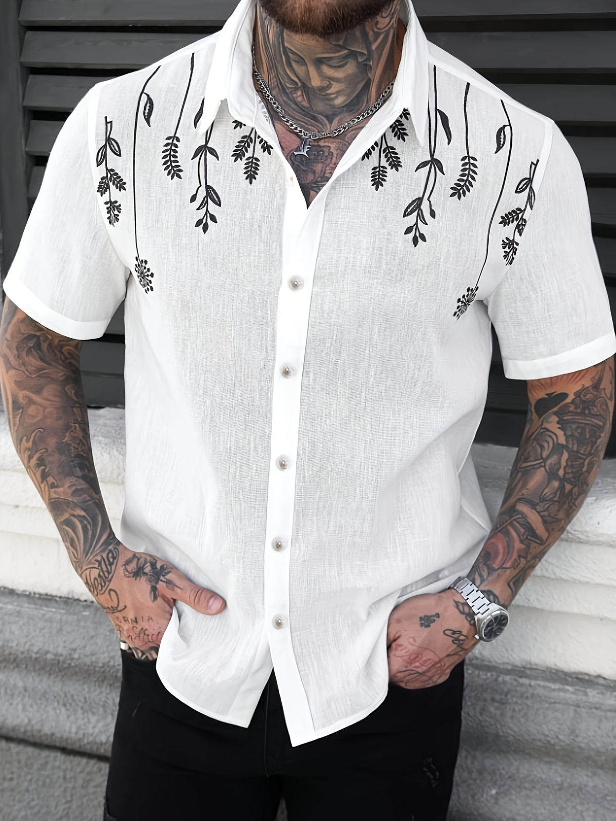 New Summer Men's Short-Sleeve Shirt, Comfortable, Casual, and Versatile Floral Print Shirt, Men's Top - White