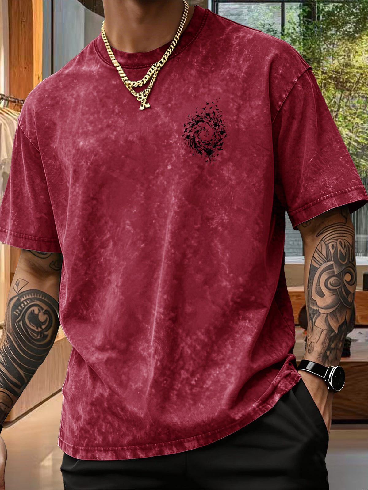 Men's Pure  Short-Sleeve Top with Trendy Double-Sided Print of Flocks of Birds and Spiral Ink Splatter Design, 12 Colors for  Mix-and-Match, Washed Distressed Loose Fit, National Trend Y2K Style for Commuting, Daily Outings, Sports - Burgundy